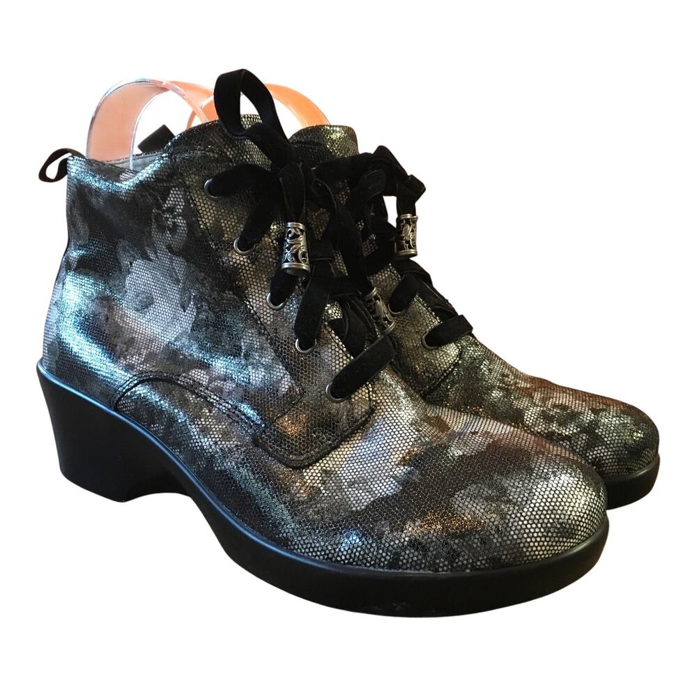 Alegria Eliza Elegance Ankle Boot 40 9.5 - 10 Side Zip Silver Black Floral Goth